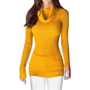 Women’s Cowl Neck Yellow Stretchable Knit Long Sleeve Bodycon Sexy Sweater